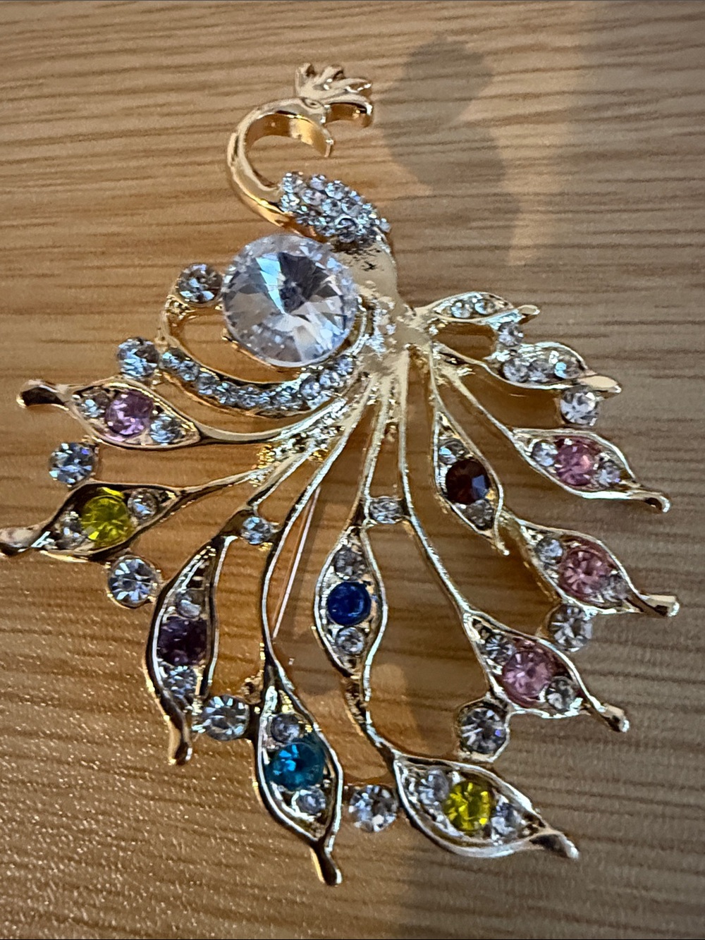 Gold-Tone Multicolor Crystal Peacock Brooch - Women Jewelry